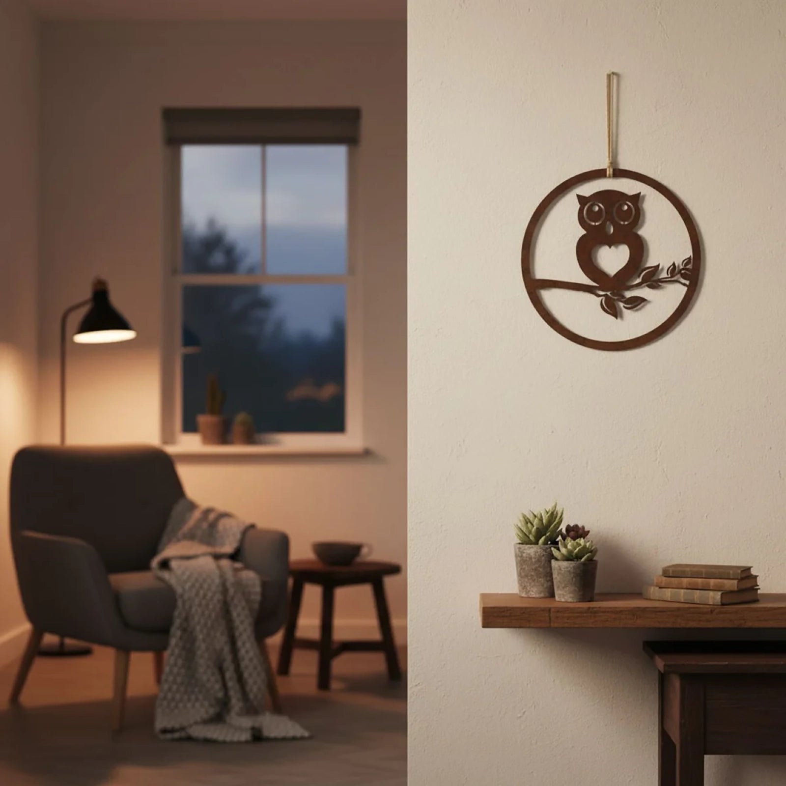 Owl on a branch - small circle