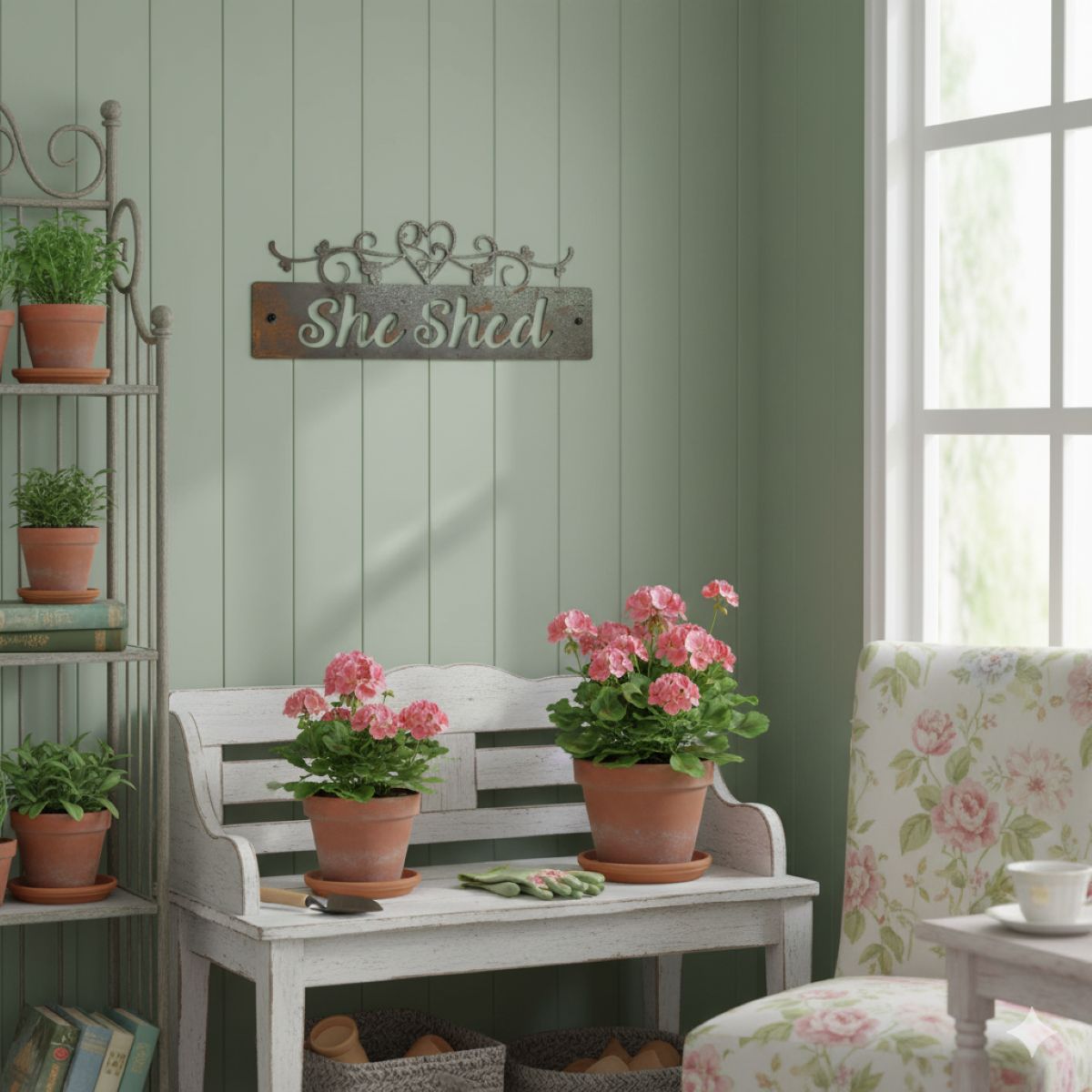 She Shed - with scrolls and hearts